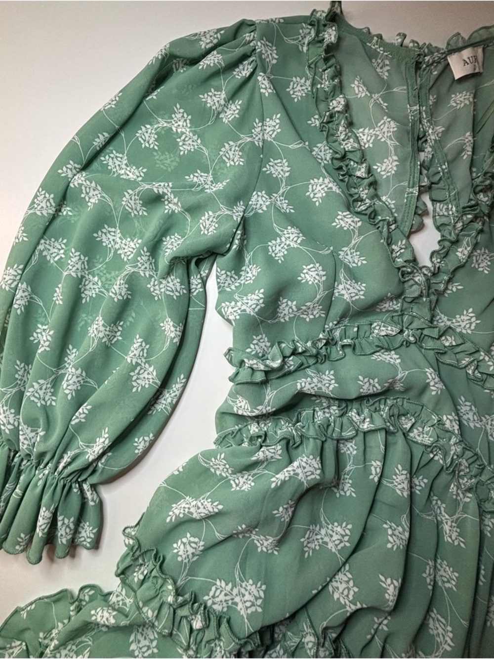 Aura Floral Ruffle Mini Dress Sage Green Boho Open Back Long Sleeve Large - Picture 8 of 15
